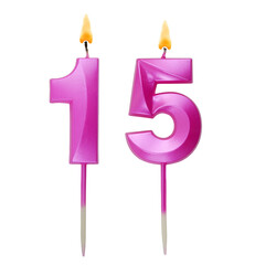 Pink birthday candles burning on white background. Number 15.