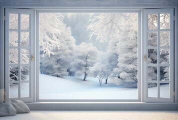 AI illustration of a wintery scene of a snow-covered landscape seen through an open window. - obrazy, fototapety, plakaty