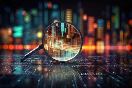 Magnified market insights: Stock market chart magnified within a glass. Stock market, investment, finance and business concept.