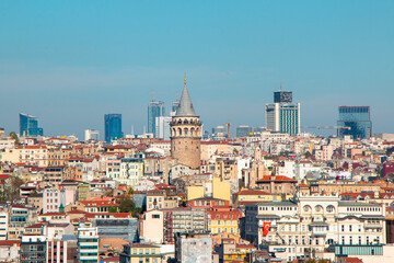 Galata Tower in Beyoglu district and old houses. Istanbul, Turkey