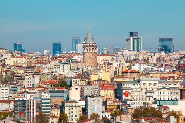 Galata Tower in Beyoglu district and old houses. Istanbul, Turkey