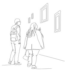 Man and woman looking at art picture in gallery. Single line drawing. Black and white vector illustration in line art style.