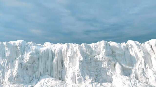Moving in front of ice-covered cliffs and glacial mountain peaks.