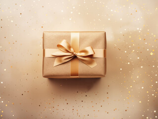 A gift in craft paper with a gold ribbon on a beige background. Christmas new year, birthday background.