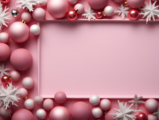 Obraz na płótnie Canvas 3d render of christmas background with pink baubles and gift box
