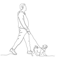 Man with dog walking outdoors. Continuous line drawing. Black and white vector illustration in line art style.