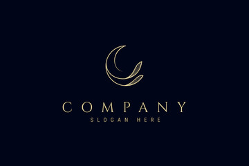 crescent moon logo with floral plant combination in line art design style