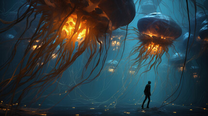 Fototapeta premium In the depths of the sea, man observes jellyfish. Exploration, mystery.