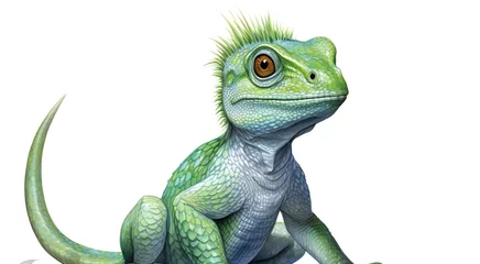 Gordijnen A green chameleon isolated on white background © Cuong