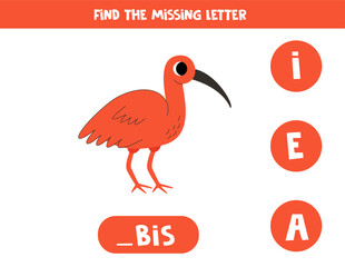 Find missing letter with cartoon ibis. Spelling worksheet.