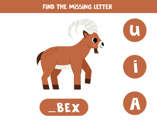 Find missing letter with cartoon ibex. Spelling worksheet.
