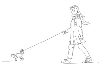 Woman with small dog walking. Wearing light coat and scarf. Single line drawing. Black and white vector illustration in line art style.
