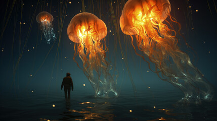 Naklejka premium In the depths of the sea, man observes jellyfish. Exploration, mystery.