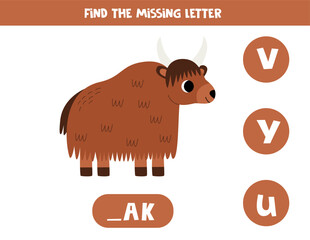 Find missing letter with cartoon yak. Spelling worksheet.