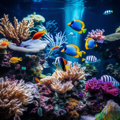 Obraz na płótnie Canvas Underwater with colorful sea life fishes and colorful coral plant. Generative AI