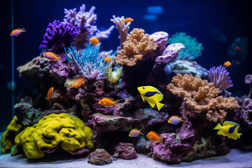 Tropical fish living in aquarium with exotic seaweed. Generative AI