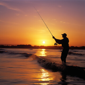 Fisher man fishing with spinning rod on river bank at sunrise. Generative AI