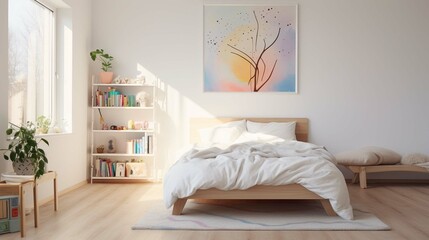 A bright and airy children's room with white walls and hardwood floors. The room is furnished with a white bed, a wooden nightstand, and a few colorful pillows and blankets. There is a large window th