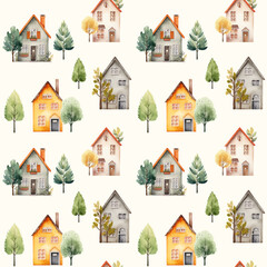 Cute watercolor buildings and trees. European houses seamless pattern. Trendy scandi vector background