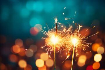 Sparklers over a dark background and bokeh lights, festive atmosphere