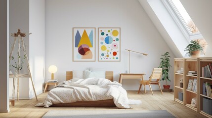 A bright and airy children's room with white walls and hardwood floors. The room is furnished with a white bed, a wooden nightstand, and a few colorful pillows and blankets. There is a large window th - obrazy, fototapety, plakaty