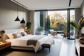 Modern and luxurious bedroom design with comfortable bedding, elegant decor and a clean, relaxing atmosphere.
