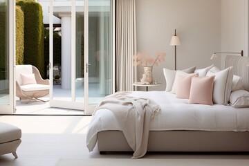 A luxurious and modern bedroom with elegant linens and decor, a cozy atmosphere and stylish furniture.