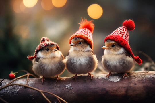 Three cute little birds on a tree branch in winter, wearing small hats