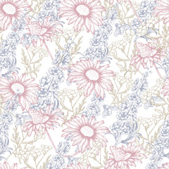 Fototapeta na wymiar Seamless vector botanical pattern with flowers, twigs and insects for printing bedding, textiles, scrapbooking, wallpaper. Delicate floral pattern with hand-drawn elements