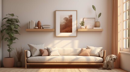 A photo of a mockup poster empty frame on a shelf in a cozy living room. The frame is surrounded by plants, pillows, and other soft furnishings. The background is a blurred view of the living room.