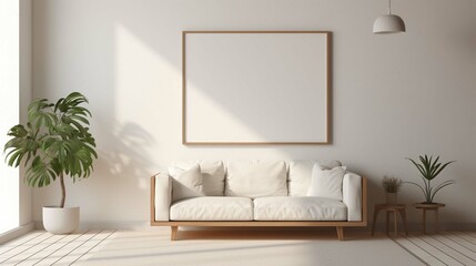An empty poster frame hanging on a white wall in a minimalist living room. The room is furnished with a white sofa, a wooden coffee table, and a few plants. The sun is streaming through the window, c