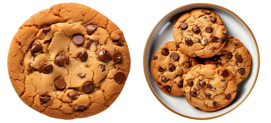 American chocolate chips cookie bundle (single and on plate) isolated on white background, food collection