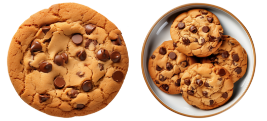 American chocolate chips cookie bundle (single and on plate) isolated on white background, food collection