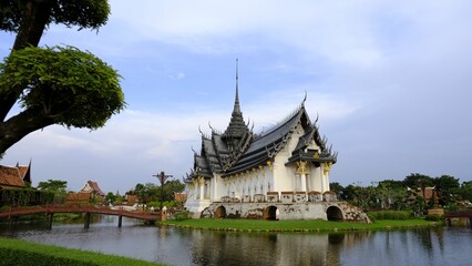 Fototapeta na wymiar Scenic view of Sanphet Prasat palace in Bangkok, Thailand on blue sky background