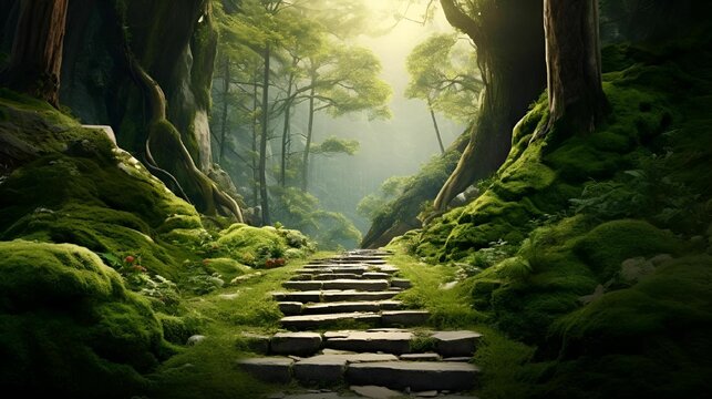 AI illustration of a winding pathway leads through a lush forest of green moss.