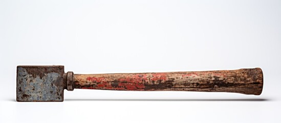 In a vintage backdrop an isolated wooden tool with a black metal handle and a worn rusty iron blade sits on a white background representing the old industrial steel work with a touch of red