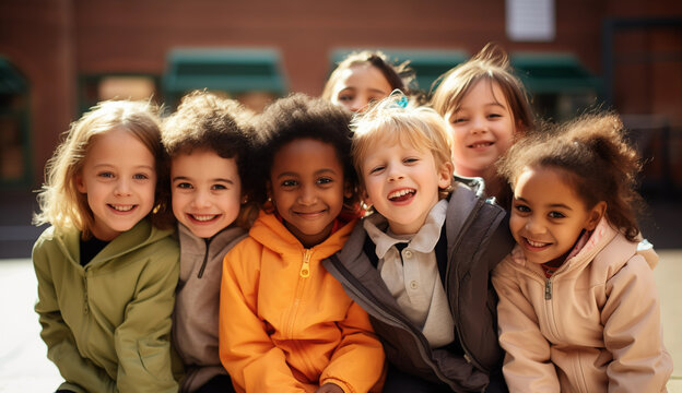 Team of smiling kids outdoor. Generative AI