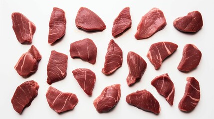 AI generated illustration of a white background with a selection of cuts of raw meat