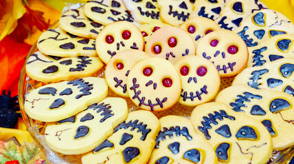Turin, Italy. Halloween themed biscuits in a shop window.