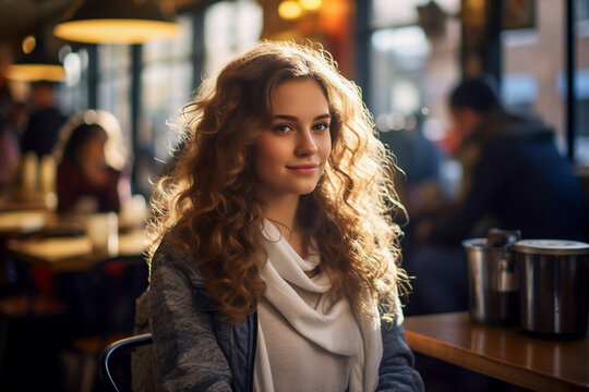Portrait of a young beautiful woman in a modern cafe