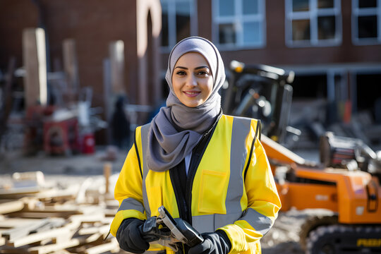 a lady working in the construction company while wearing the uniform and  hijab holding tool in the hand and there is a building under construction and bulldozer with blur background