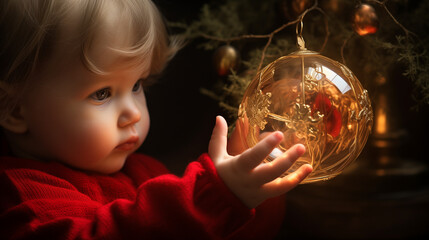 Naklejka premium A baby joyfully holds a large Christmas bauble next to the twinkling lights of the Christmas tree
