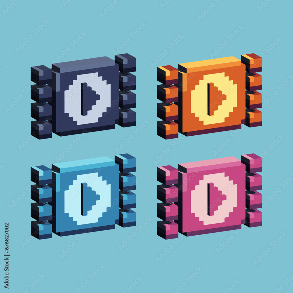 Poster isometric pixel art 3d of video play icon for items asset. video playing on pixelated style.8bits pe