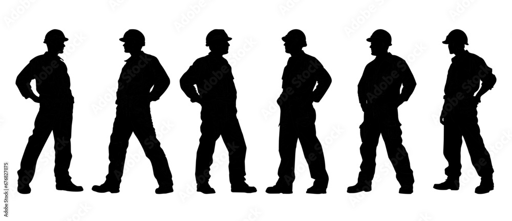 Wall mural Construction worker poses, wearing helmet and work overall. Warehouse worker in uniform. Transparent PNG. Retro clipart. Worker silhouette set. Abstract vector illustration isolated on white