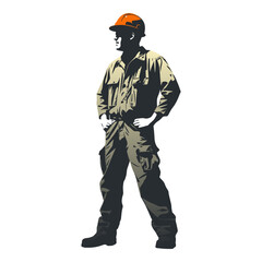 Construction worker poses wearing helmet and khaki work overall. Warehouse worker in uniform. Transparent PNG. Retro clipart. Worker silhouette. Abstract vector illustration isolated on white