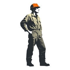 Construction worker poses wearing helmet and khaki work overall. Warehouse worker in uniform. Transparent PNG. Retro clipart. Worker silhouette. Abstract vector illustration isolated on white