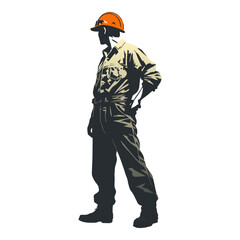 Construction worker poses wearing helmet and khaki work overall. Warehouse worker in uniform. Transparent PNG. Retro clipart. Worker silhouette. Abstract vector illustration isolated on white