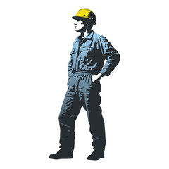 Construction worker poses wearing helmet and blue work overall. Warehouse worker in uniform. Transparent PNG. Retro clipart. Worker silhouette. Abstract vector illustration isolated on white