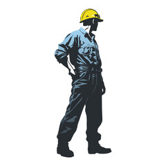Construction worker poses wearing helmet and blue work overall. Warehouse worker in uniform. Transparent PNG. Retro clipart. Worker silhouette. Abstract vector illustration isolated on white