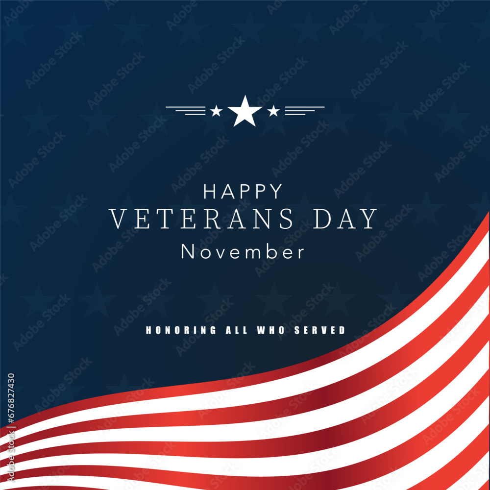 Wall mural  Veterans Day Vector illustration, Honoring all who served, USA flag waving on blue background.  - Wall murals